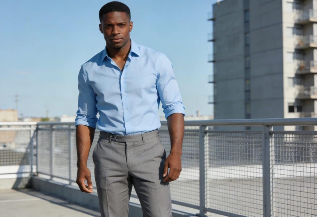 Light Blue Shirt with Grey Trousers