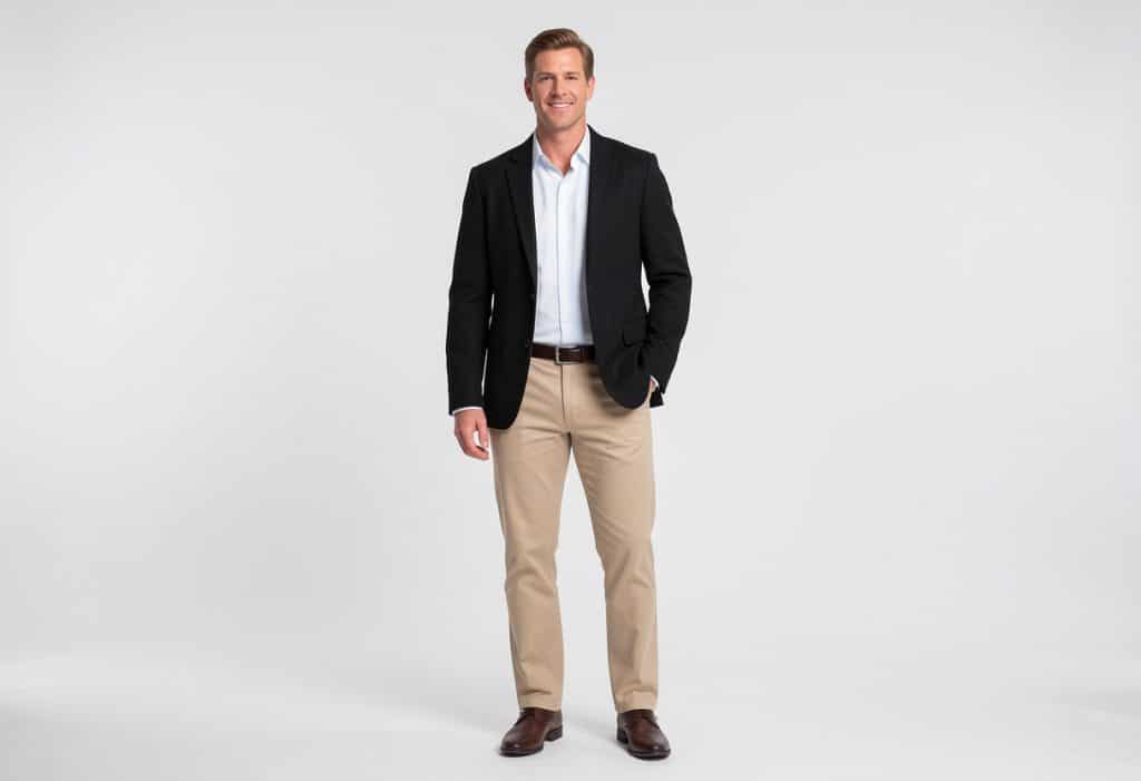 Pants are in beige; the blazer is in black
