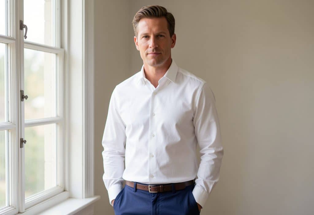 White Shirt with Navy Chinos ( Business Casual Outfits for Men )