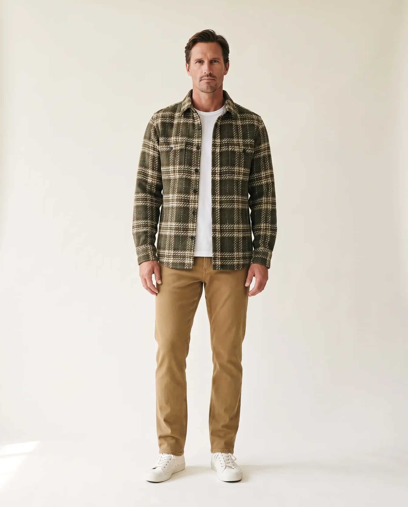 Taylor Stitch Cutter overshirt in Buzzard Check on an athletic build