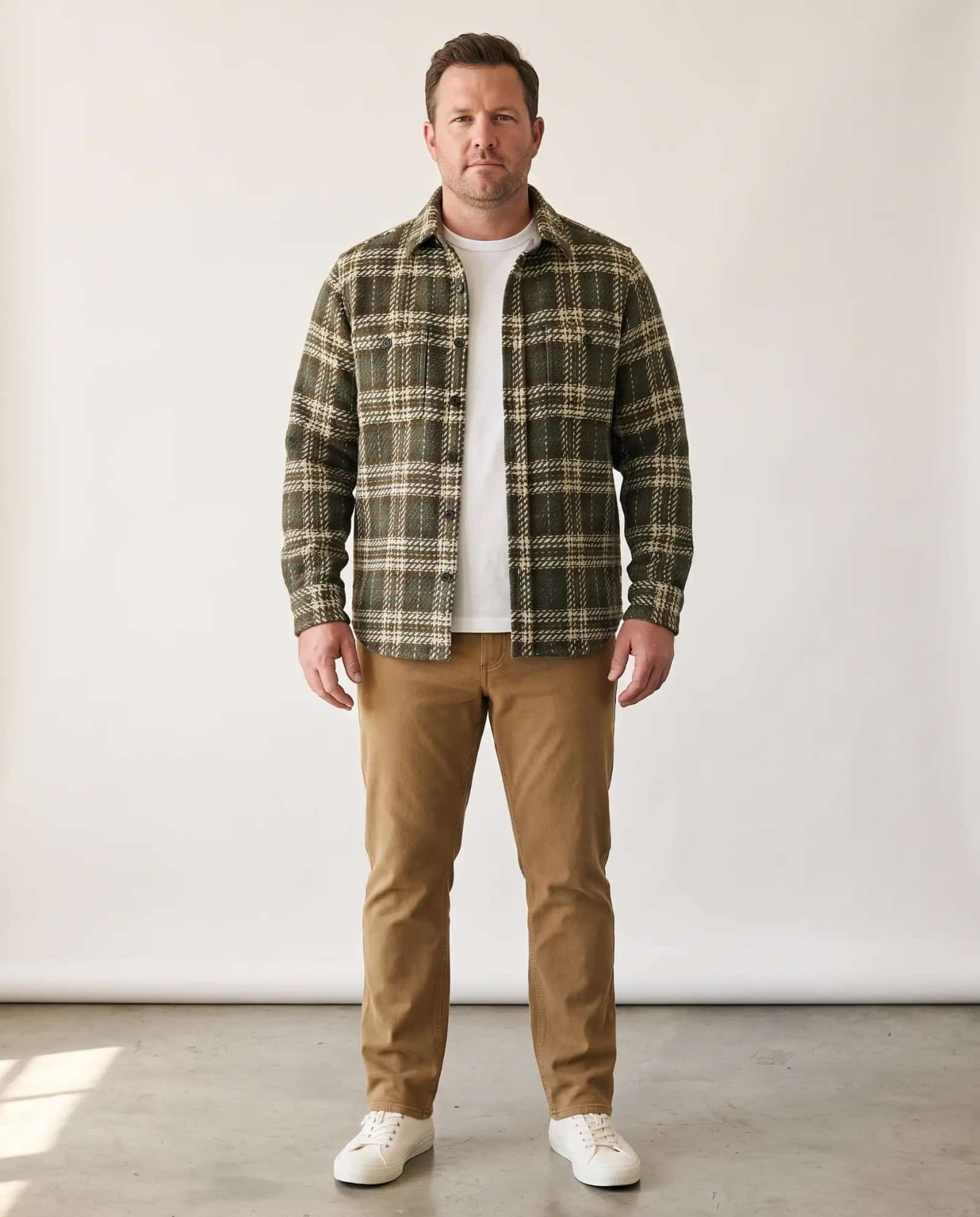 Taylor Stitch Cutter overshirt in Buzzard Check on a bigger build