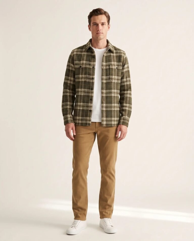 Taylor Stitch Cutter overshirt in Buzzard Check on a slim build