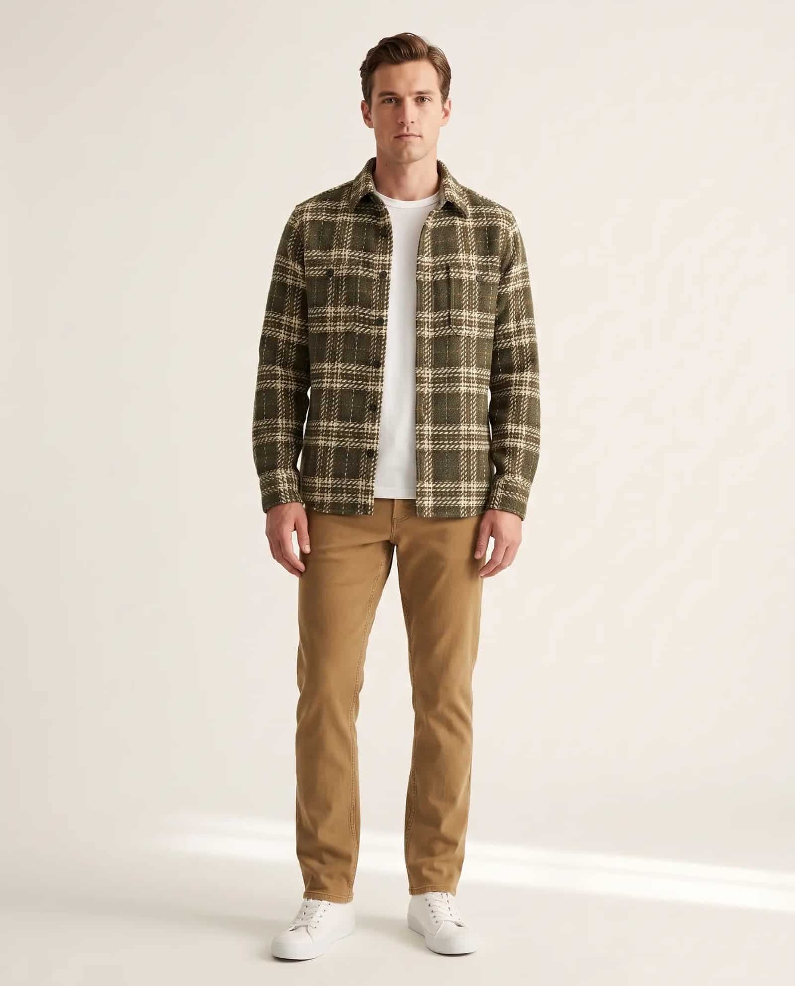 Taylor Stitch Cutter overshirt in Buzzard Check on a slim build