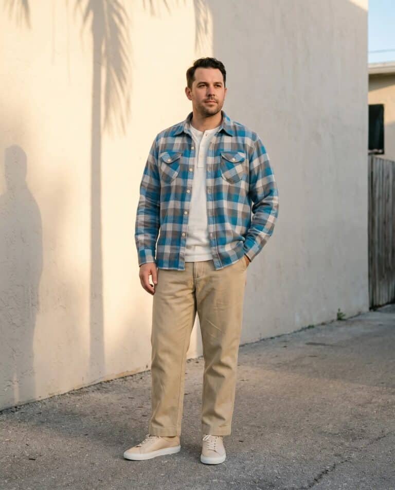 Man wearing the Wythe washed flannel workshirt in Glacier Plaid, Wythe cotton henley in Natural, Wythe flat front cotton linen twill chino in Camp Khaki