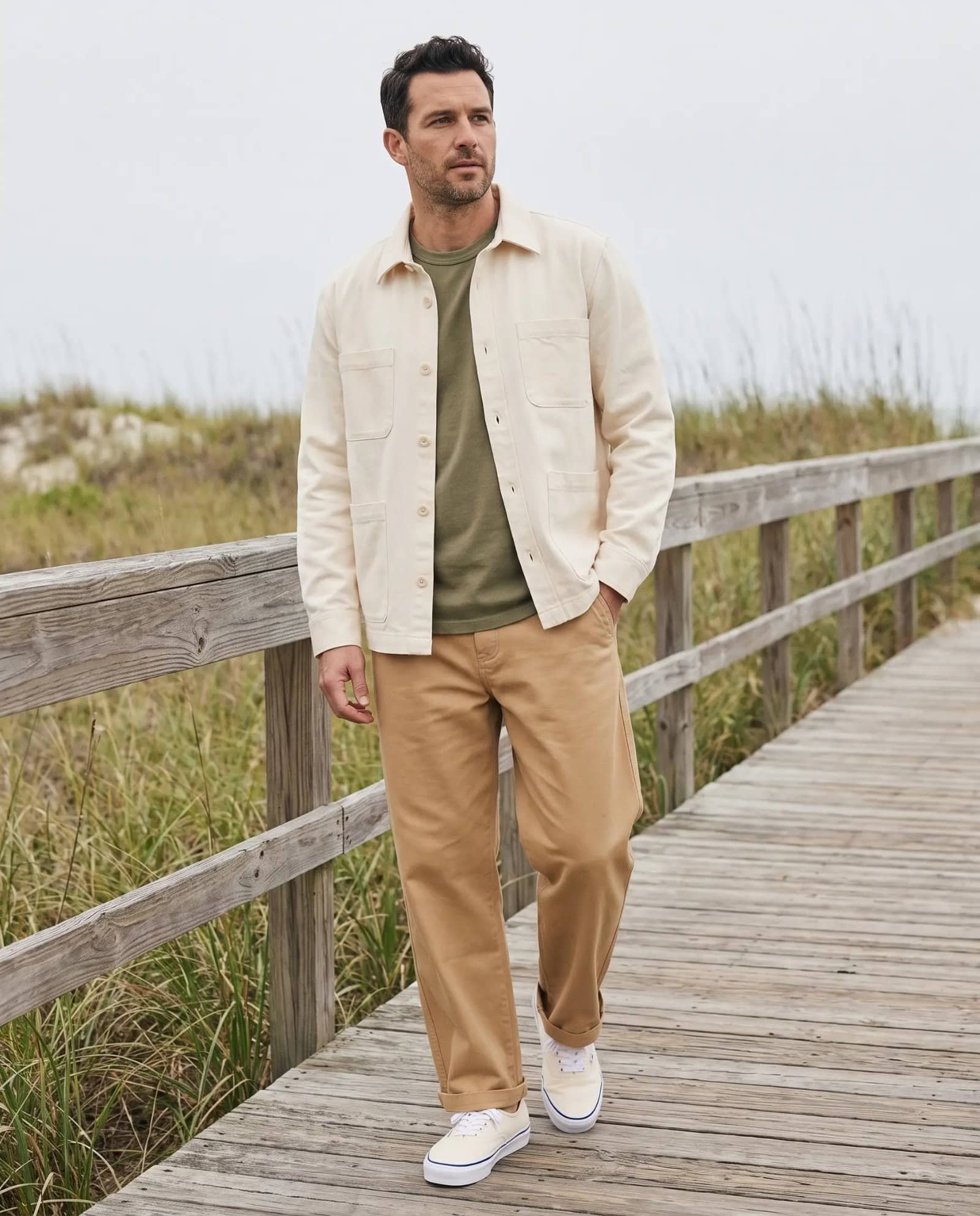 Man in the Corridor Misha overshirt in Natural over an olive tee with tan wide twill pants on a boardwalk