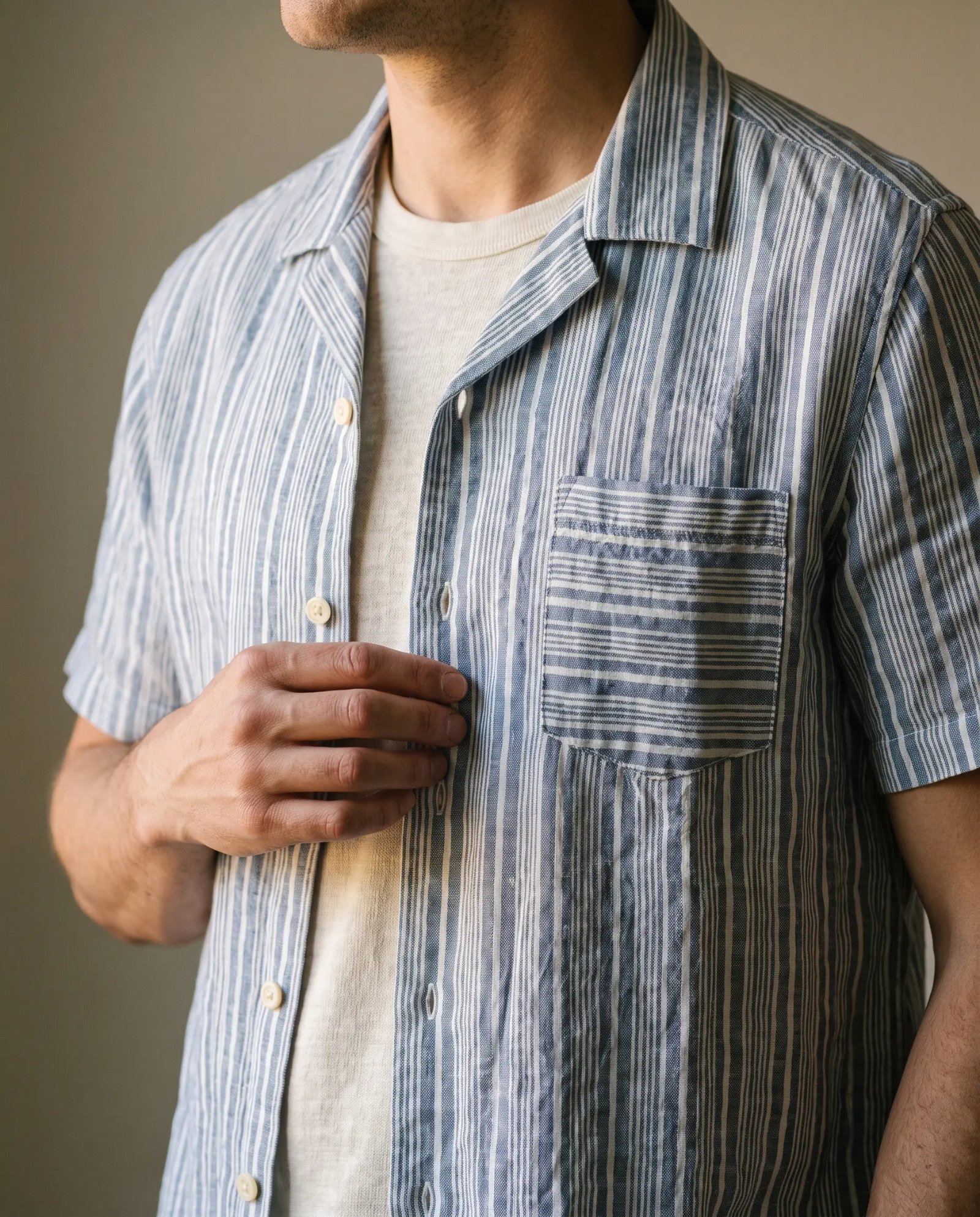 Close-up of the Alex Crane Ola linen camp shirt collar and chest pocket over a bone tee
