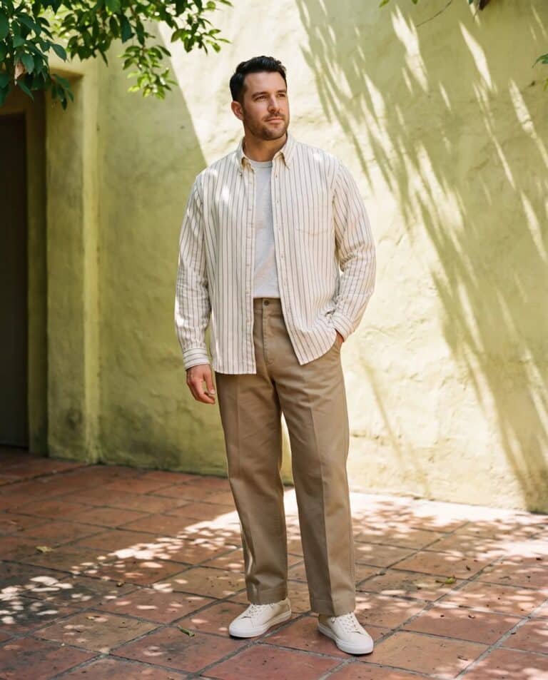 Man wearing the Knickerbocker Beefy cotton oxford in bone and olive stripe, Knickerbocker oat grey cotton t-shirt, Knickerbocker Canal TwillForm pant in khaki