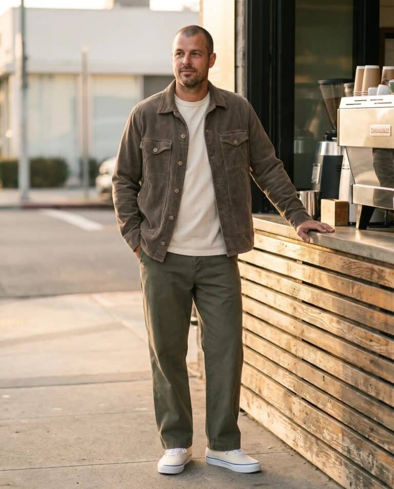 Man wearing the Save Khaki United wide wale corduroy trucker jacket in mocha brown, Save Khaki United American jersey pocket tee in undyed natural, Save Khaki United Weekend chino in olive