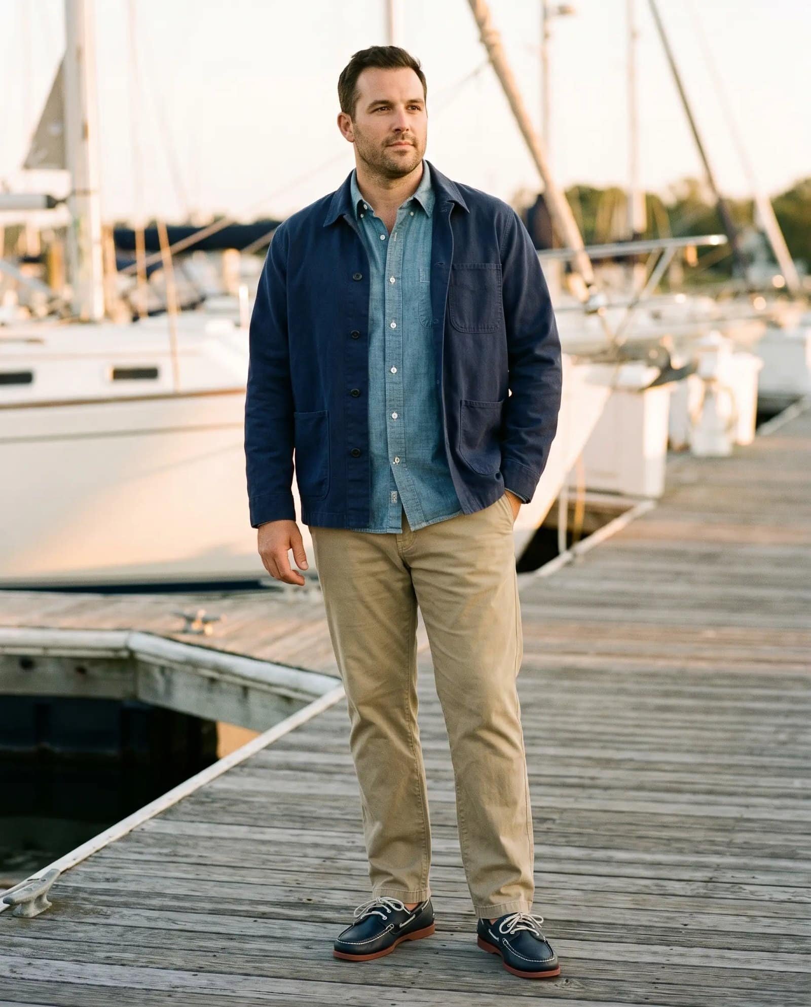 Man in the Alex Mill navy canvas chore jacket over a chambray shirt with faded khaki chinos on a marina dock