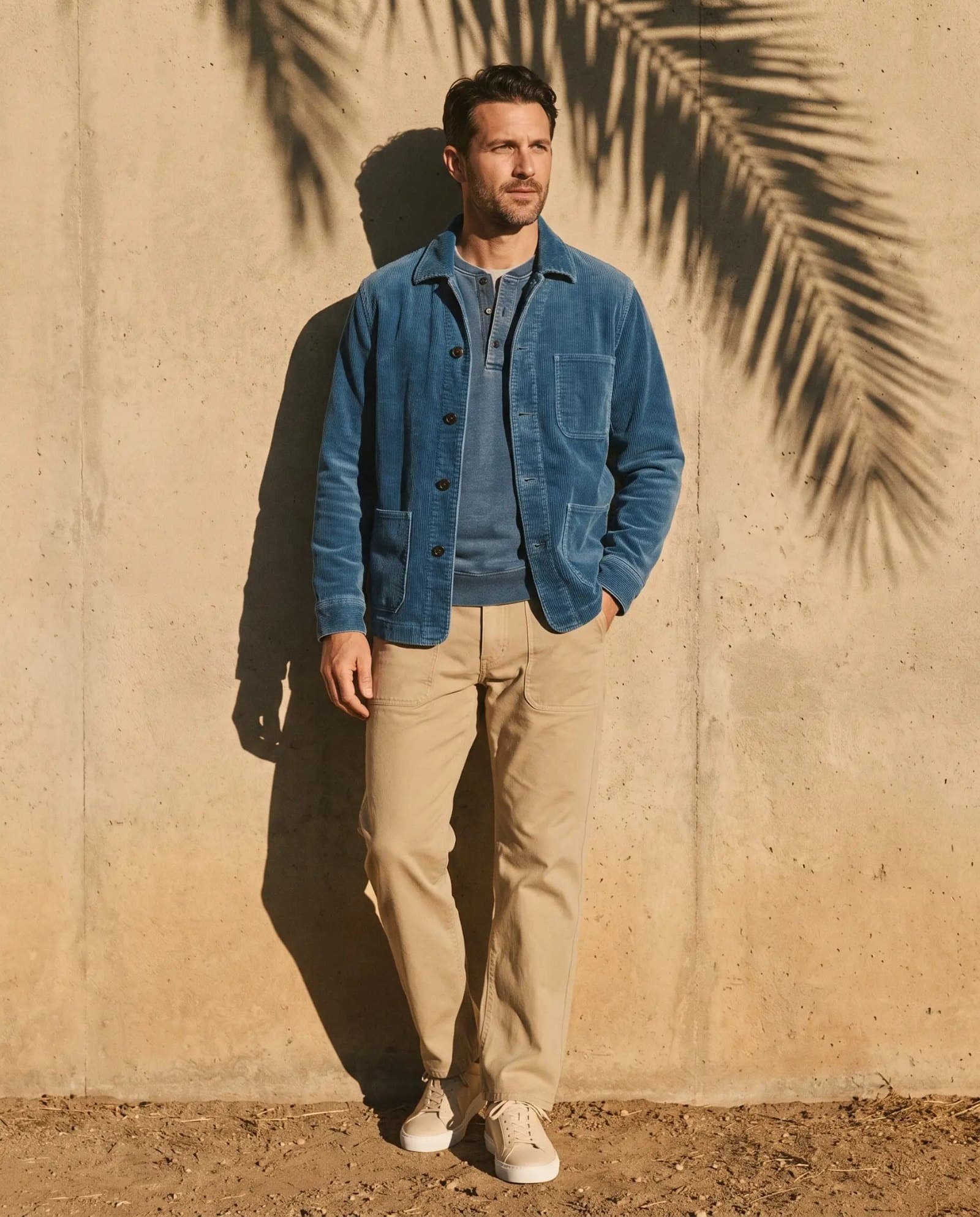 Man wearing the Taylor Stitch Ojai jacket in washed indigo corduroy, Taylor Stitch Sunset henley in washed indigo French terry, Sid Mashburn garment-dyed khaki canvas brush pant