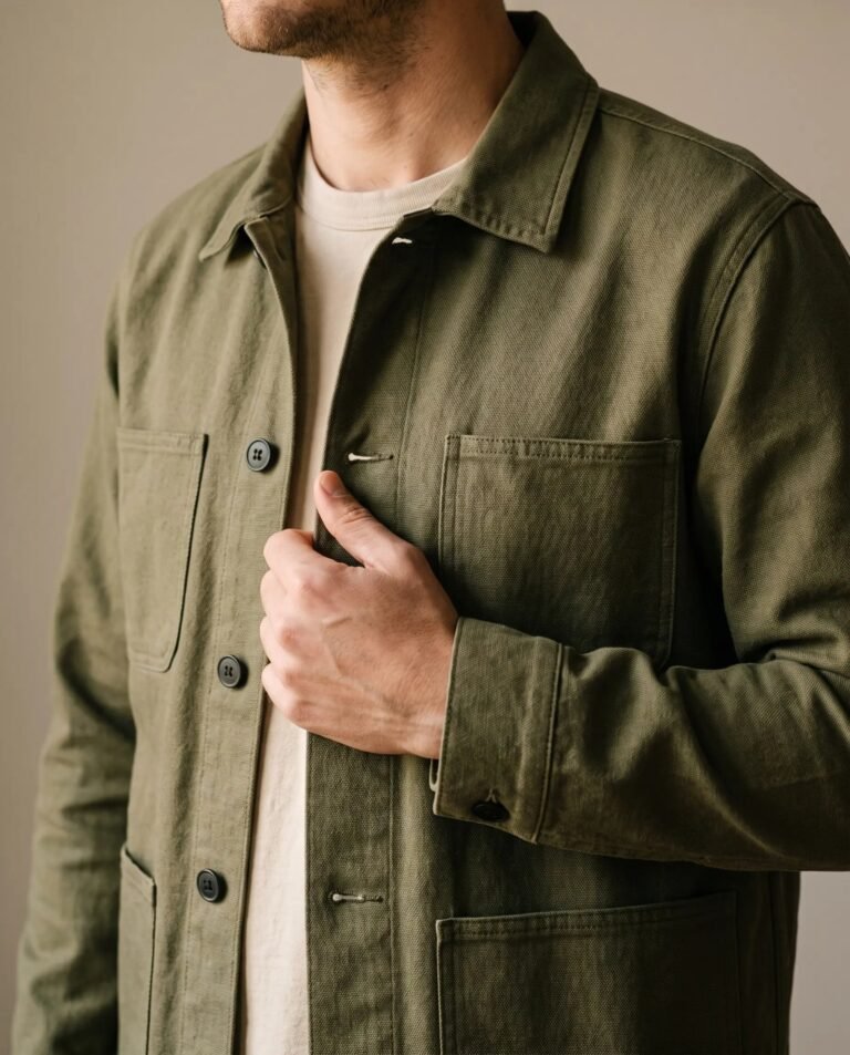 Close-up of the Jungmaven Olympic hemp twill chore jacket in olive green collar, buttons and fabric