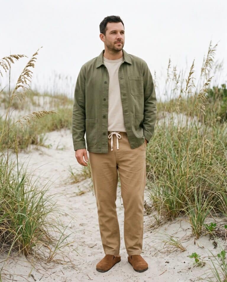 Man wearing the Jungmaven Olympic hemp twill chore jacket in olive green, Jungmaven Baja hemp tee in stucco beige, Jungmaven Pacific Coast hemp pant in coyote tan