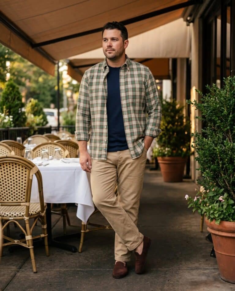Man wearing the Sid Mashburn madras sport shirt in green, brown and bone, Sid Mashburn navy pima cotton tee, Sid Mashburn garment-dyed khaki canvas brush pant