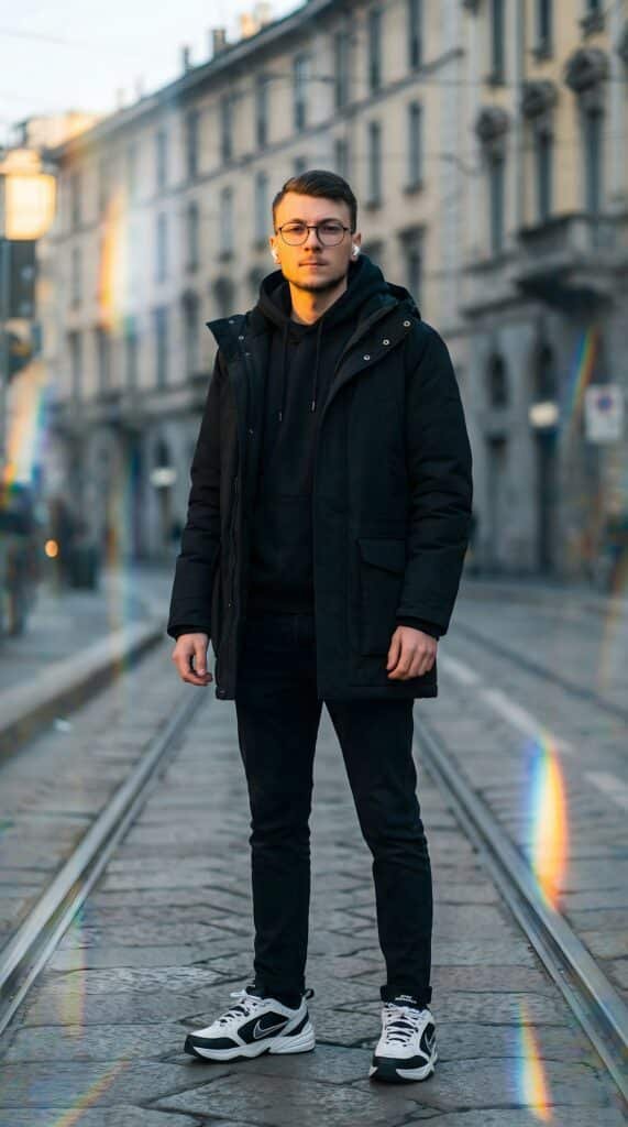 Man in a black coat standing on a city street