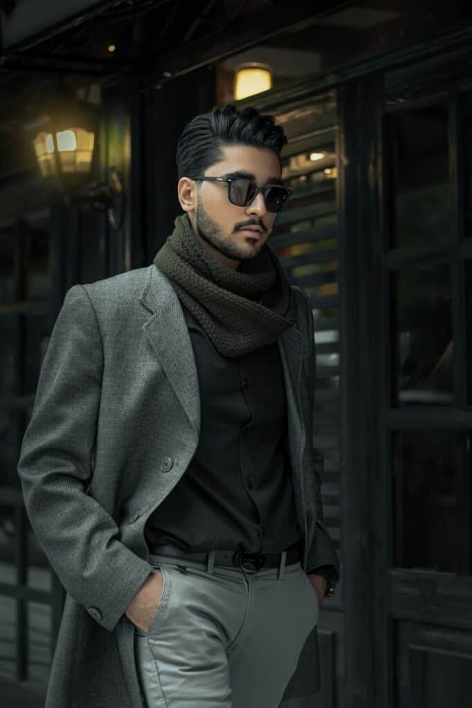 Man in a grey wool coat, black scarf and sunglasses