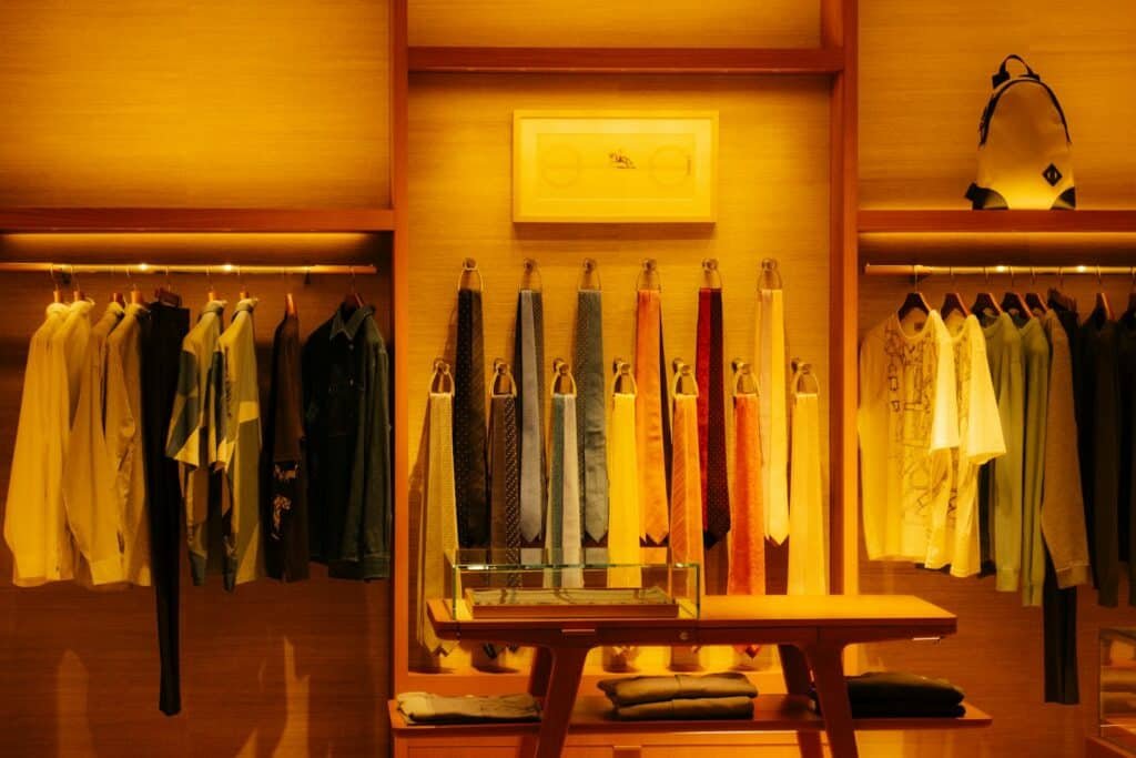 Menswear boutique with shirts and jackets hanging under warm lights