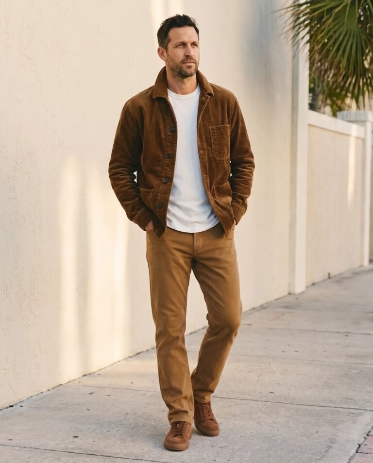 Man wearing the Taylor Stitch Ojai jacket in bourbon corduroy over a white Faherty tee and elk brown terry pants