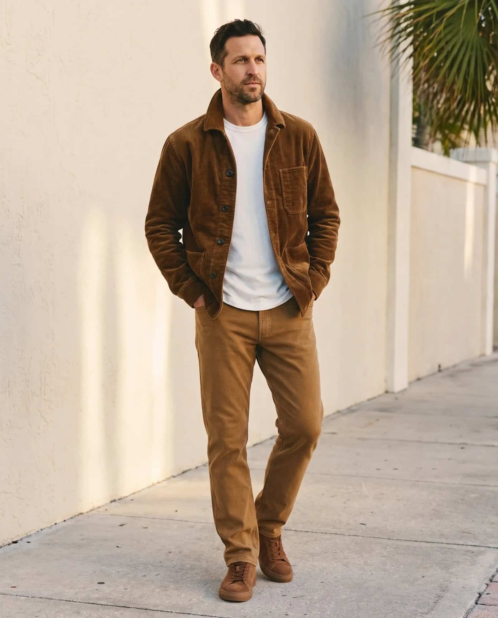 Man wearing the Taylor Stitch Ojai jacket in bourbon corduroy over a white Faherty tee and elk brown terry pants