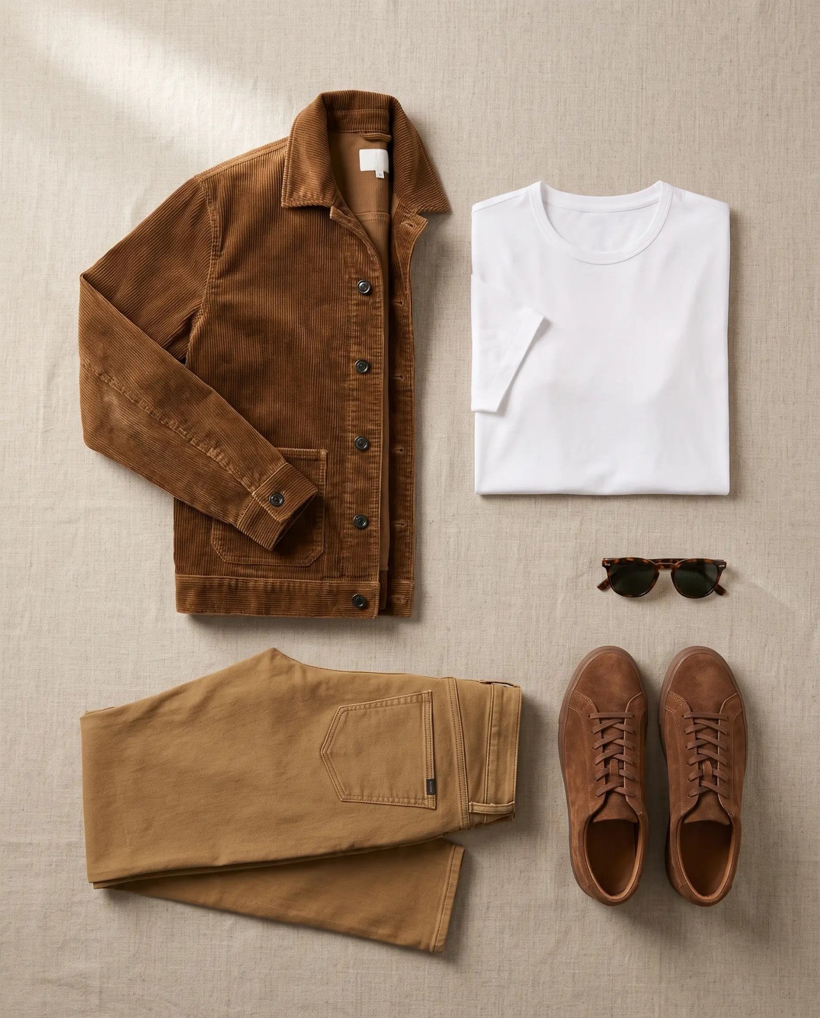 Flat lay of the Ojai jacket in bourbon, white tee and elk brown terry pants