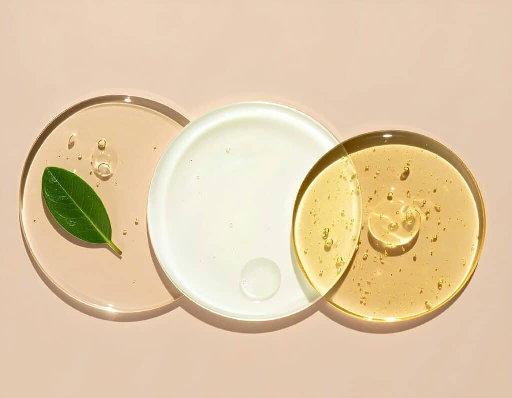 Three swatches of clear and golden serum on round glass dishes