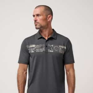 TravisMathew Performance Jersey Marina Polo in charcoal with a printed chest stripe
