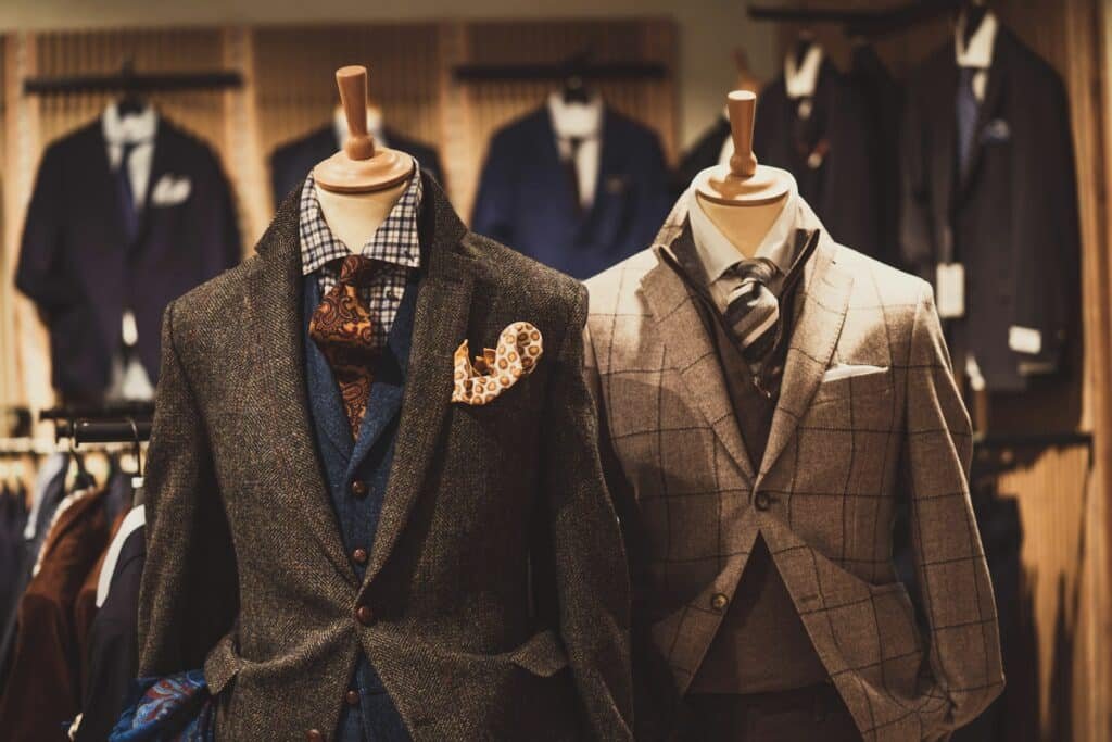 Tweed and plaid blazers on mannequins in a menswear shop