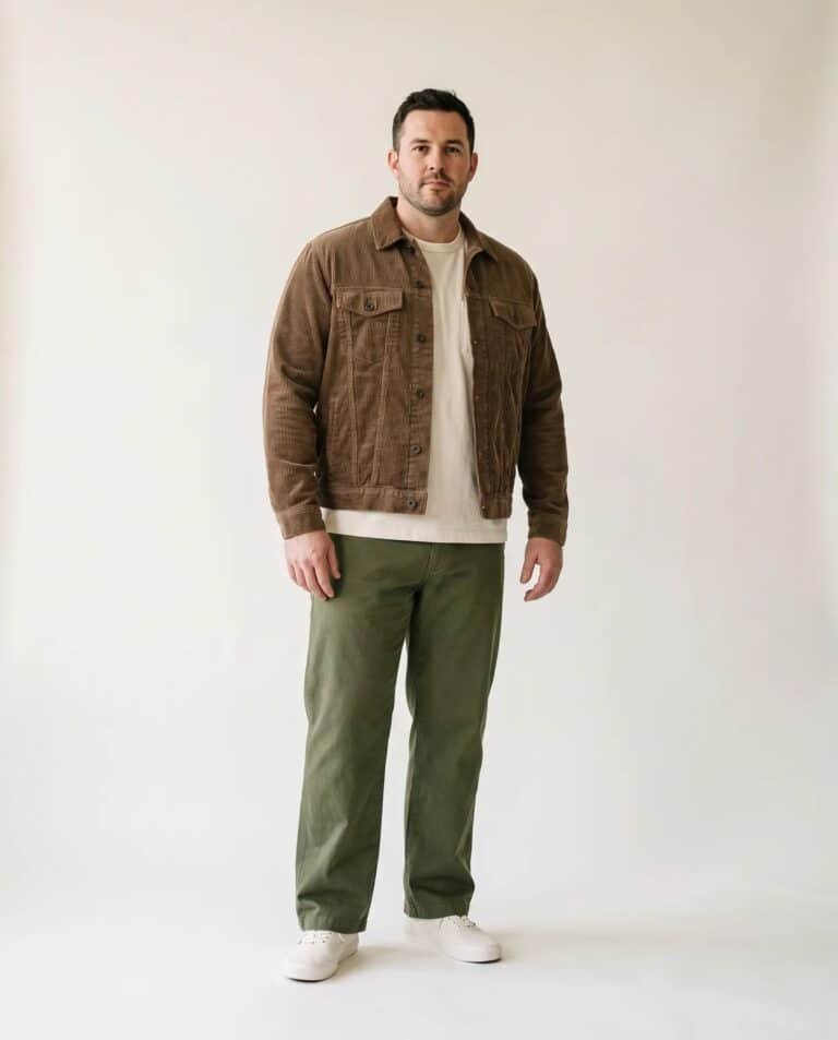Save Khaki corduroy trucker jacket worn open over a tee