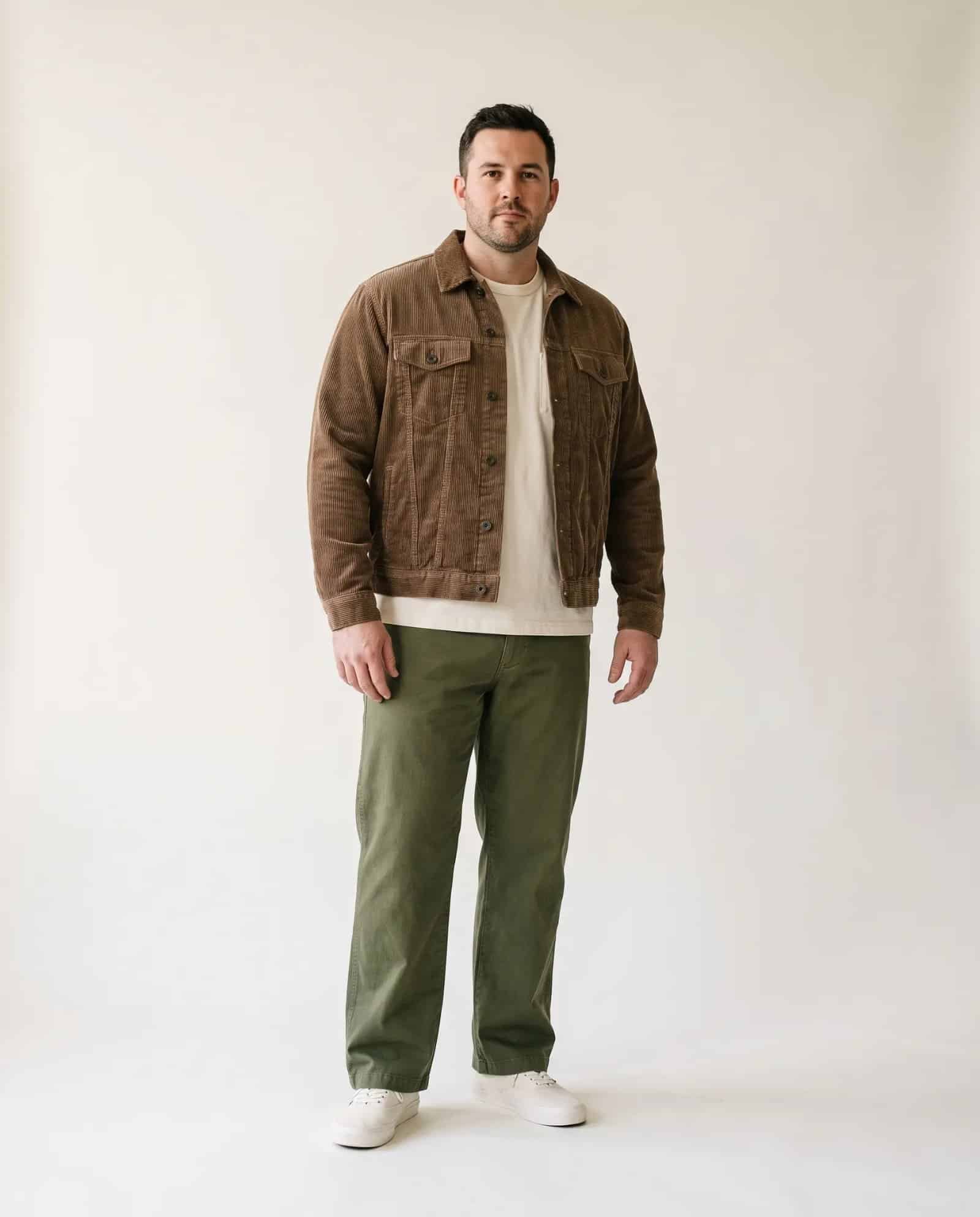 Save Khaki corduroy trucker jacket worn open over a tee