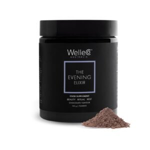 WelleCo The Evening Elixir jar with a scoop of chocolate powder