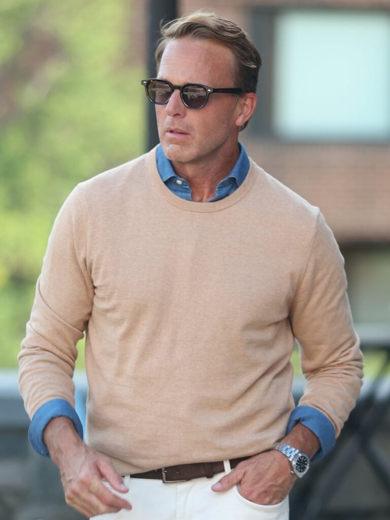 Collars & Co Luxury Touch Cotton and Cashmere Crew Neck Sweater in oatmeal over a blue collared shirt